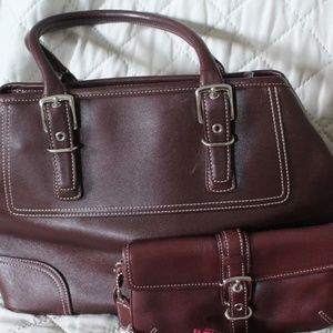 Coach Brown/Burgundy Leather Hand Bag and Wristlet